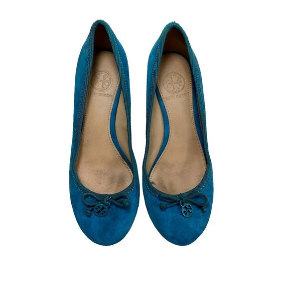 Tory Burch Suede Bow Wedge Flats - Teal - Size 5M - Picture 2 of 7